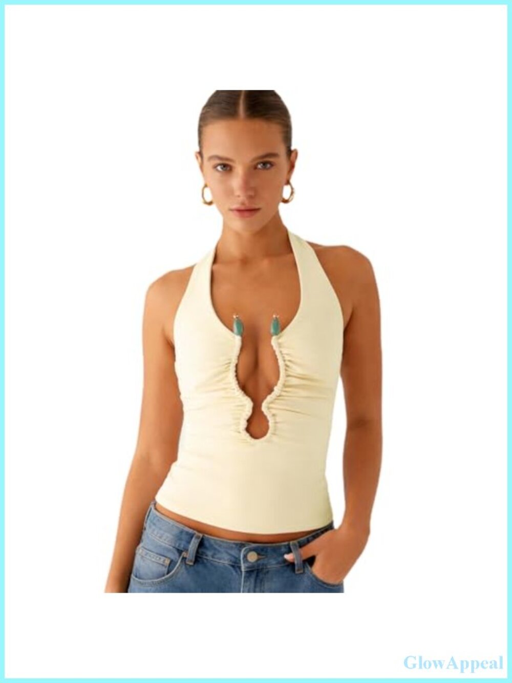 Women's Plunge Halter Crop Tank Top Keyhole Cutout Beaded Y2K